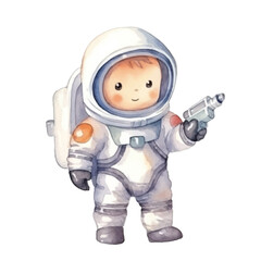 Naklejka premium watercolors Cute astronaut soldier holding space gun 