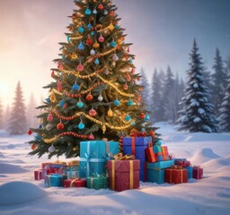 Colorful Christmas tree in a cold and snowy winter landscape with gift boxes and icicles, colorful christmas tree, icicles, gift boxes