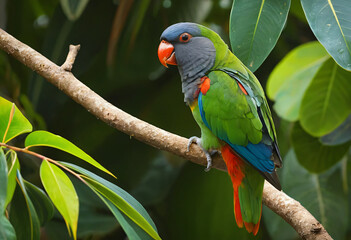 Obraz premium Colorful parrot with green leaves