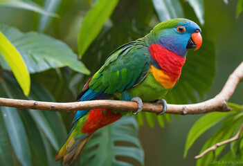 Naklejka premium Colorful parrot with green leaves