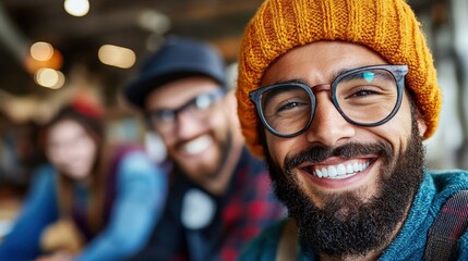 Obraz premium A fashionable man wearing a hat and an orange beanie radiates happiness and confidence, providing a sense of warmth in a relaxed social environment filled with friends.