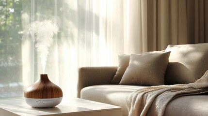 Aromatherapy diffuser releasing steam in a cozy living room with soft lighting and neutral decor