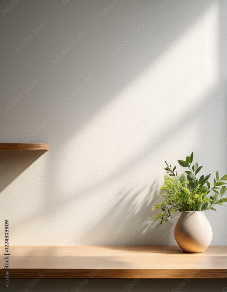 Poster front view of empty shelf or counter on white wall background with natural light of window and flowe