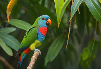 Colorful parrot with green leaves