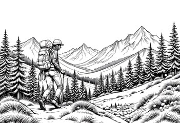 Playful hiking scene for coloring, page in book with drawing outlines, adventure through mountain and forest paths, sketch style with whimsical scenic detailed art 