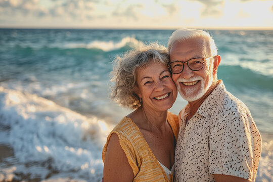 Older couple walking hand in hand on a sandy beach during sunset with ocean waves in the background - Powered by Adobe