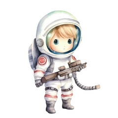 watercolors Cute astronaut warrior military holding sniper