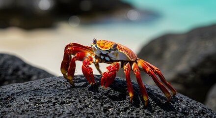 Sally Lightfoot Crab Standing on Black Rock Near Turquoise Ocean Water