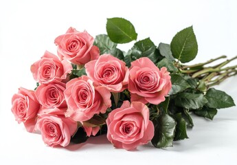 Naklejka premium Beautiful Pink Roses on White Background with Fresh Green Leaves Perfect for Celebrating Love, Friendship, and Special Occasions in Floral Designs