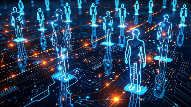 A computer screen shows a group of people in a blue and orange pattern. The people are all connected to each other, and the pattern is very busy. Scene is one of technology and connectivity