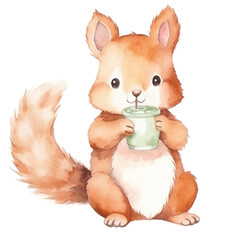 watercolors Cute squirrel drinking boba milk tea illustration 