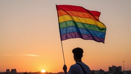 Empowering individual embraces LGBTQ pride under sunset hues