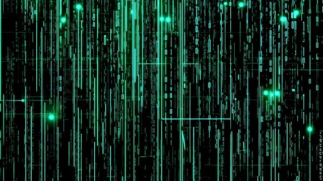 The Matrix style binary code. The camera moves through the falling numbers. Seamless loop. Digital binary code processing on screen background loop. Data rendering of a scientific technology data