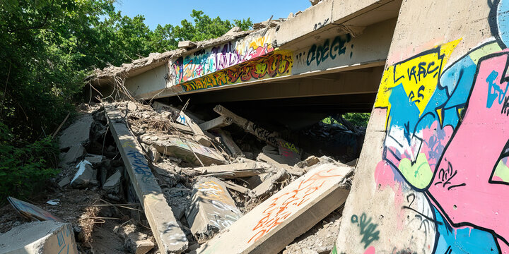 Demolished Bridge Section with Graffiti