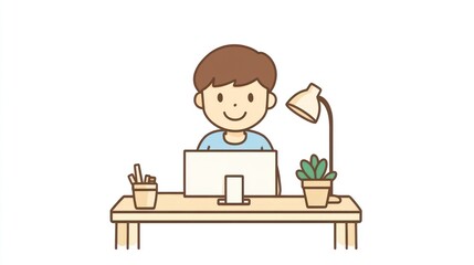 Cartoon boy working at desk, simple illustration, home office scene, for education or design, suitable for children's media