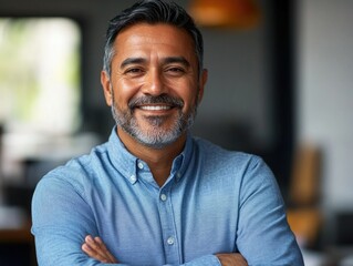 Fototapeta premium Happy man smiling at camera, standing in restaurant with gray hair and mustache, wearing blue shirt, looking professional.