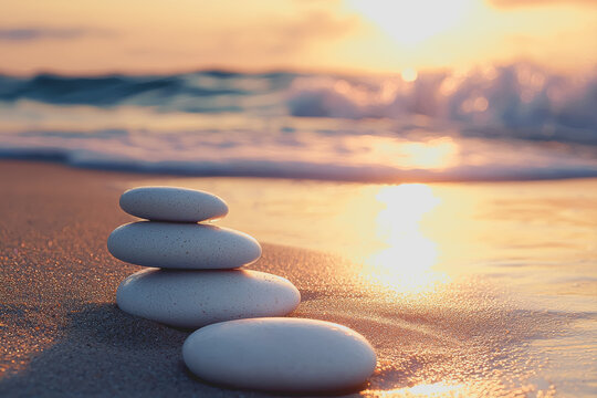 Stack of smooth stones balanced on a sandy beach near the ocean under a clear blue sky