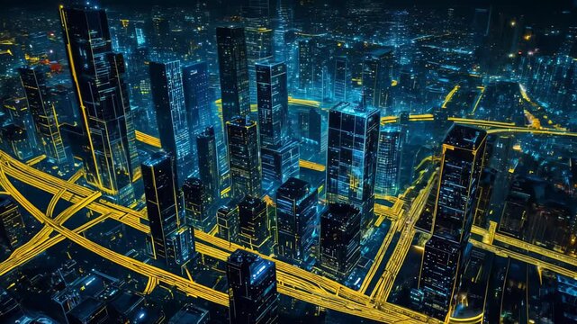 A futuristic cyberpunk cityscape illuminated by neon blue and yellow grid lines, representing smart urban connectivity. Concept of digital technology and AI-driven cities