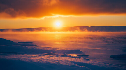 A glowing igloo in the middle of a snowy landscape, illuminated from within as snow falls around it.