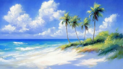 Fototapeta premium Tropical beach scene palm trees, ocean, sunny sky