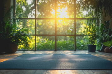 Yoga mat on the floor with sunlight streaming through a window illuminating the scene