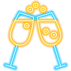 Cheers Glasses Neon Icon. Illustration of Happy Birthday Celebration. Holiday B-day. Drink Bar Party.