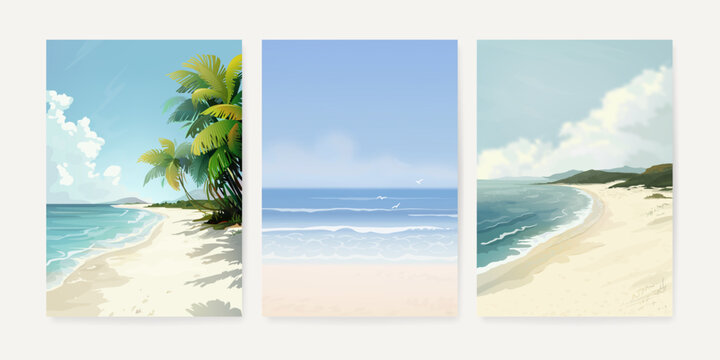 Set of beautiful summer beach sea resort background design template for poster, flyer, web banner, cover, booklets and greeting card. Tropical landscape. Vector illustration
