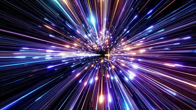 An intense hyperspace jump effect with streaks of bright neon lights rushing towards a central point. Concept of speed and futuristic travel