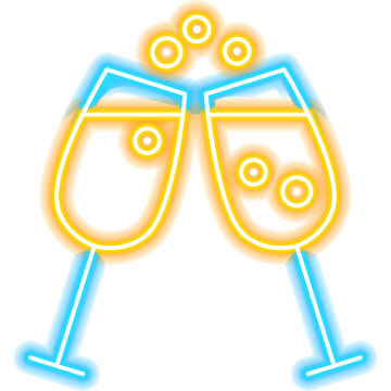 Cheers Glasses Neon Icon. Illustration of Happy Birthday Celebration. Holiday B-day. Drink Bar Party.