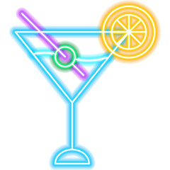 Drink Cocktail with Olive Neon Icon. Illustration of Happy Birthday Celebration. Holiday B-day. Bar Alcohol Glass.