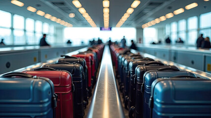 Fototapeta premium A bunch of suitcases at the airport - cargo control, baggage allowance and hand luggage parameters on the plane, security, check-in and delivery of personal belongings.