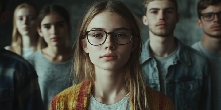 Retro-style portrait of group of young adults with diverse expressions and accessories. - Powered by Adobe