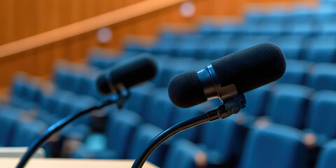 Two Microphones on Stands in Auditorium Setting