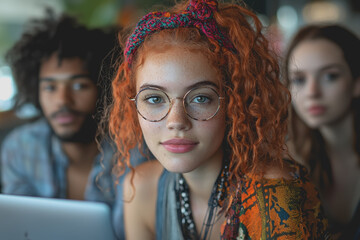 Obraz premium Girl with red hair and glasses using a laptop in a cozy indoor environment