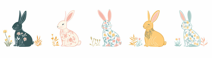 Obraz premium Whimsical Bunnies in a Row: A charming array of five bunnies, each adorned with unique floral patterns and colors, perched side by side, set against a backdrop that highlights their playful designs.