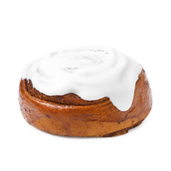 Tasty cinnamon roll with cream isolated on white