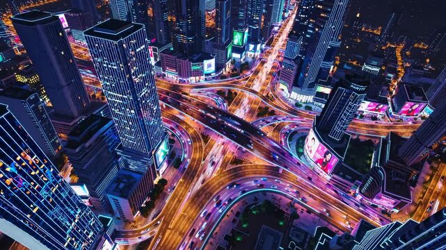 A stunning aerial view of a futuristic city at night with glowing roads and traffic moving in all directions. Concept of smart urban mobility and digital future