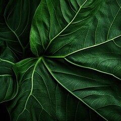 Fototapeta premium Close up view of dark green leaf showing prominent veins as background for organic theme