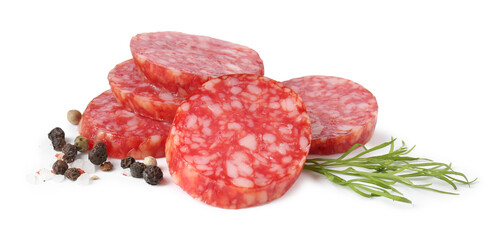 Pieces of delicious smoked sausage and spices isolated on white