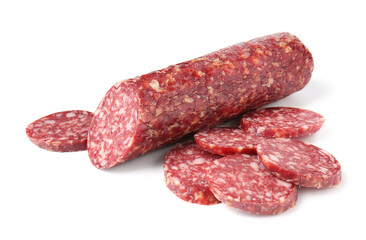 Delicious dry cured sausage isolated on white