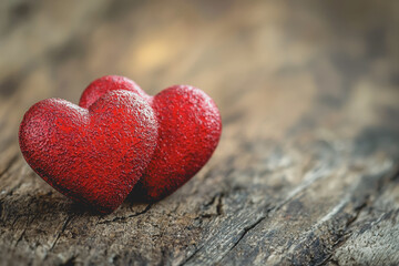 Obraz premium Two red hearts placed on a rustic wooden table background for romantic or love themed concept