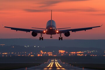 Fototapeta premium Airplane taking off from Runway at sunset