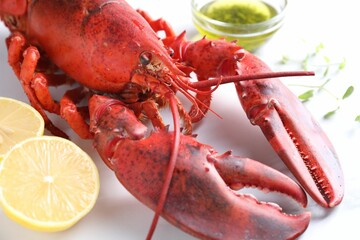 Delicious boiled lobster with oil, microgreens and lemon pieces on white table, closeup