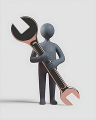 Illustration of a gray figure holding a large wrench for repair maintenance and industrial work tasks