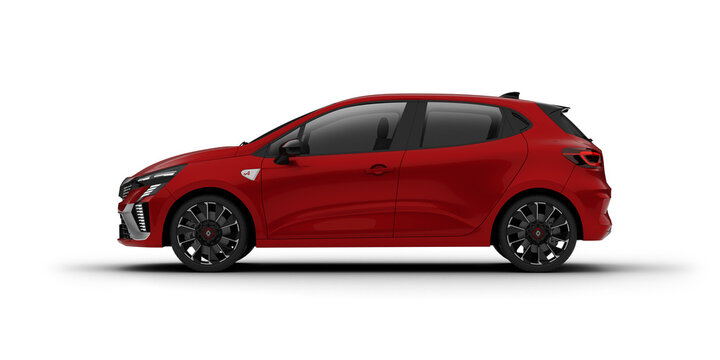 Izmir, Turkey - Feb 18 2025: A 3D-rendered image of a red Renault Clio 2024 model, showing its full left-side profile against a transparent background