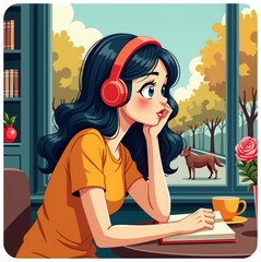An illustrated anime-style sticker depicting a cute girl sitting at a table in a cafe with a book in her hands. A window with an autumn landscape is depicted in the background.