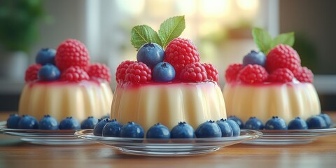 Delicious dessert trio featuring creamy panna cotta with fresh raspberries and blueberries on display in a bright kitchen setting