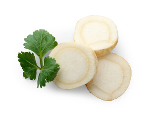 Fresh parsley and cut root isolated on white, top view