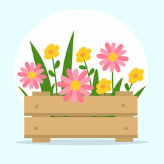 illustration of a wooden planter box filled with blooming flowers. The flowers are pink and yellow, surrounded by green leaves, creating a bright and cheerful garden scene