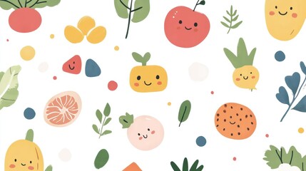 Happy fruits vegetables pattern, white background, food blog, recipe
